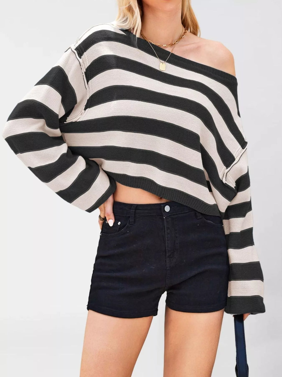 Black Striped oversized boat neck cropped sweater with exposed seams