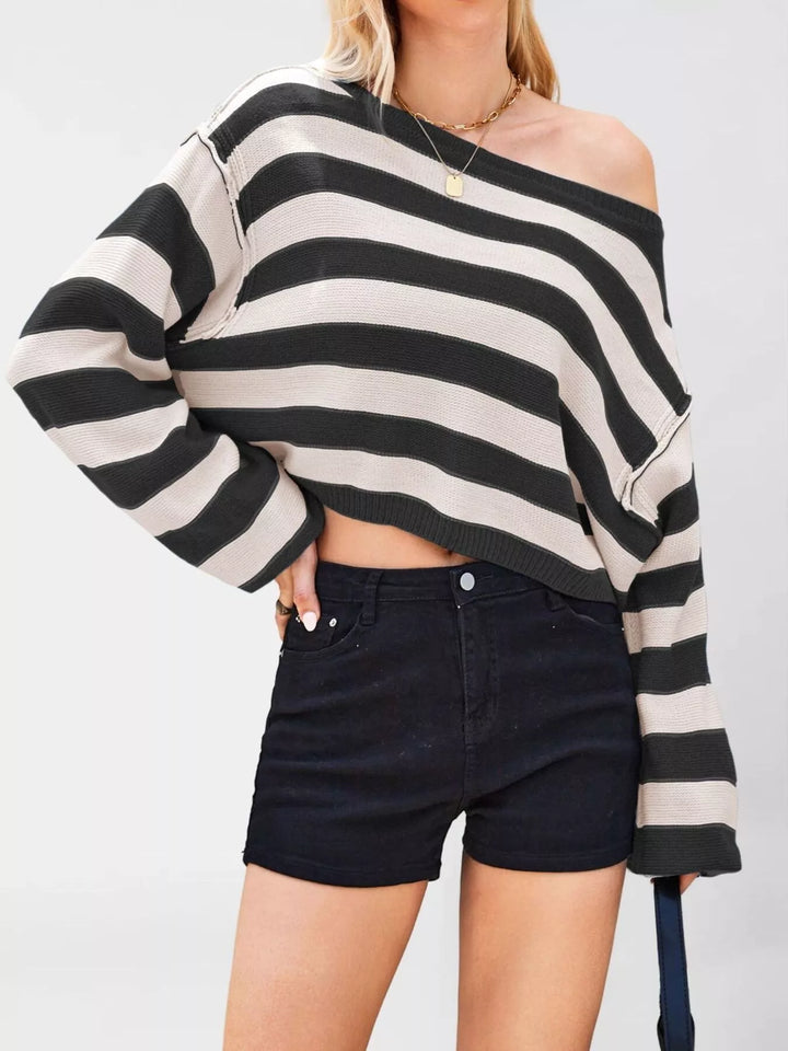 Black Striped oversized boat neck cropped sweater with exposed seams