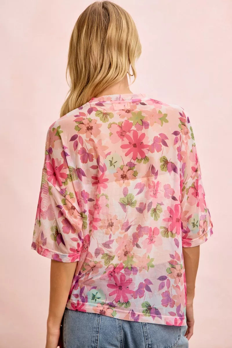 Sheer floral mesh boxy top with short sleeves