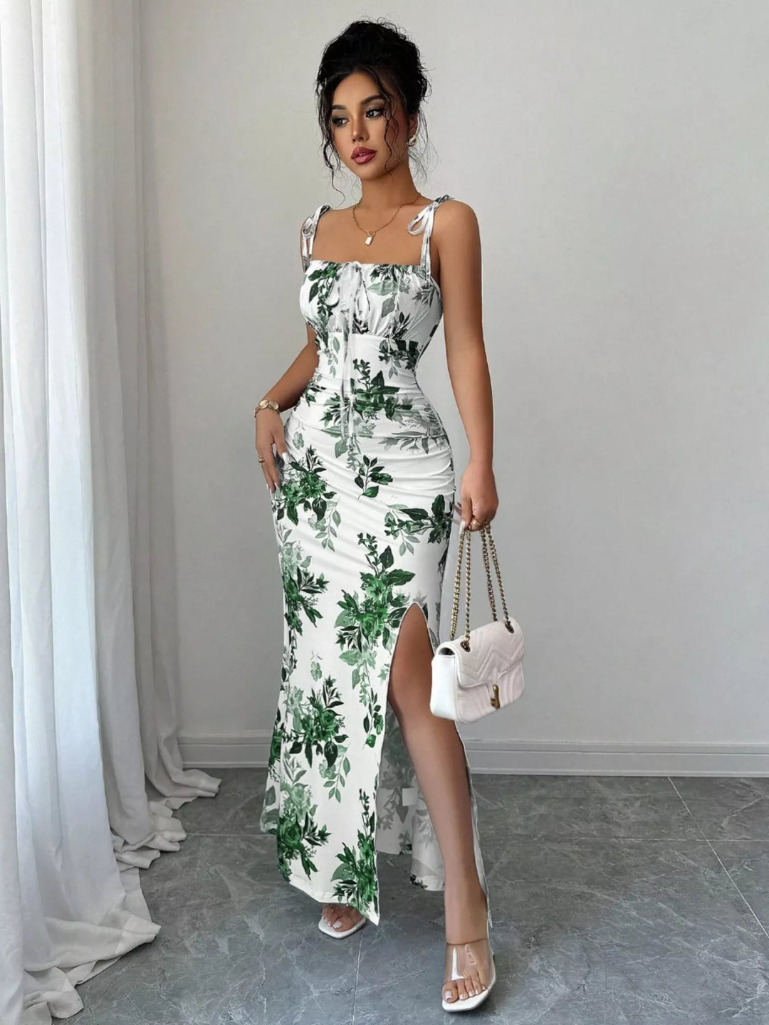 Matcha Green Floral print tie-strap maxi dress with side slit