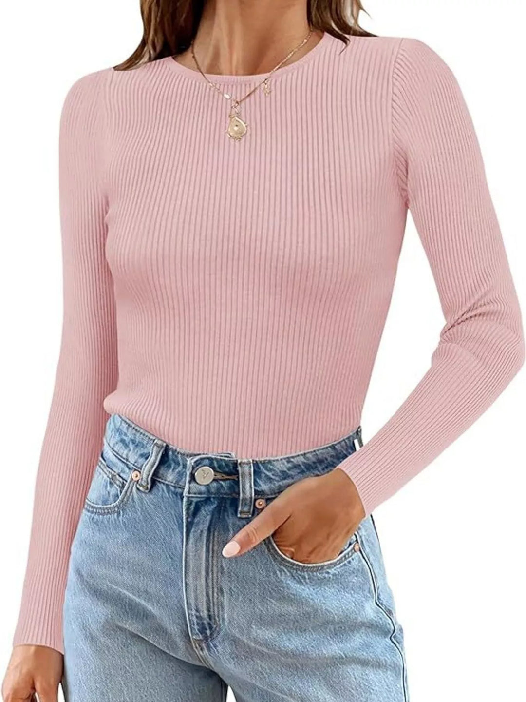 Pink Ribbed knit slim-fit long sleeve crew top