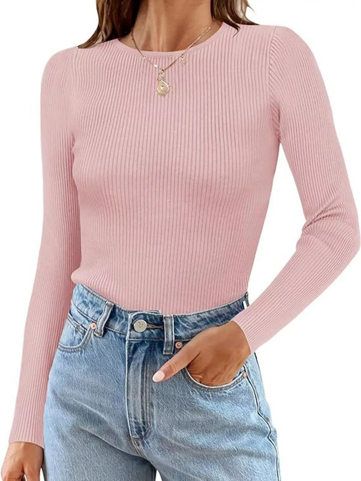 Pink Ribbed knit slim-fit long sleeve crew top