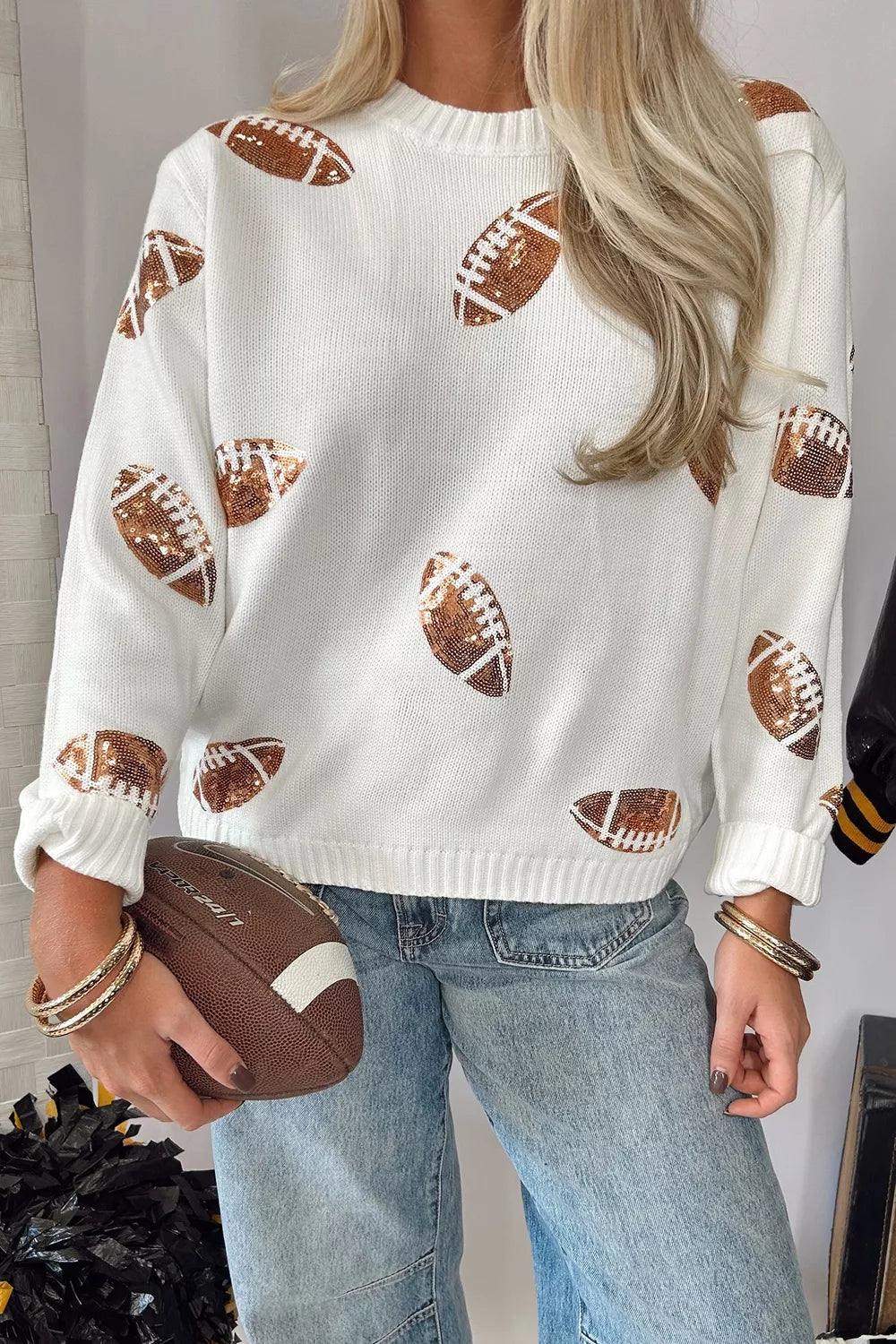 White Sequin football knit sweater with ribbed crew neck