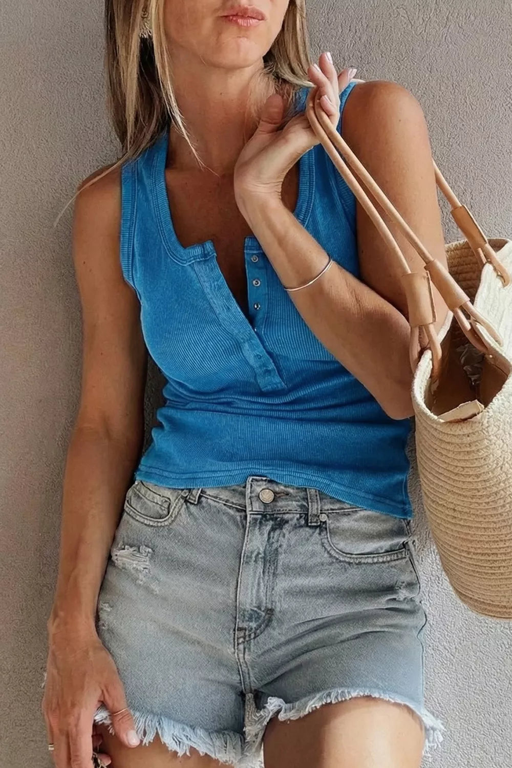 Ribbed henley tank top with snap-button placket