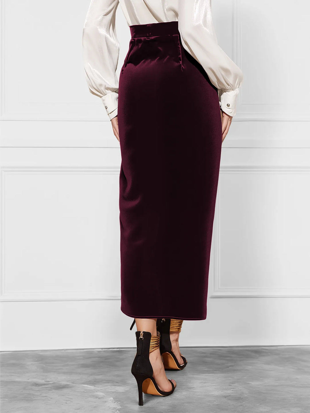 Stretch velvet midi skirt with side tie and slit