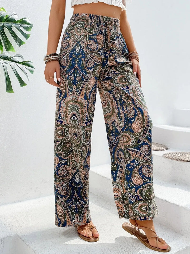 Paisley print wide-leg pants with drawstring waist