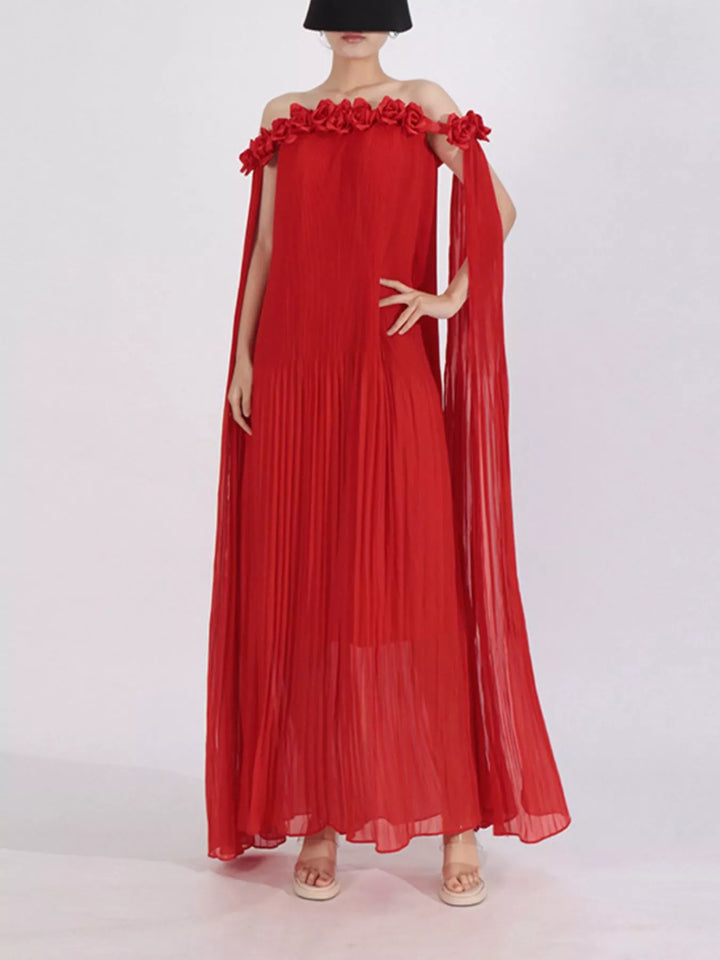 Red Off-shoulder pleated maxi dress with rosette neckline