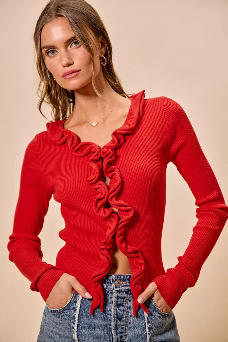 Ribbed knit cardigan with cascade ruffle trim