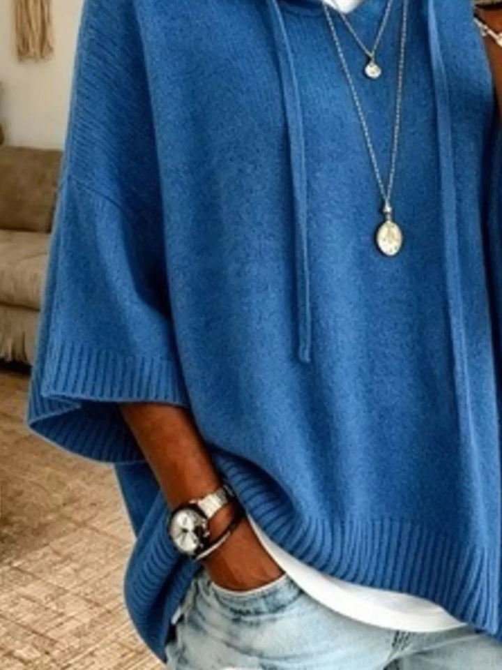 Hooded batwing sleeve knit sweater with drawstring