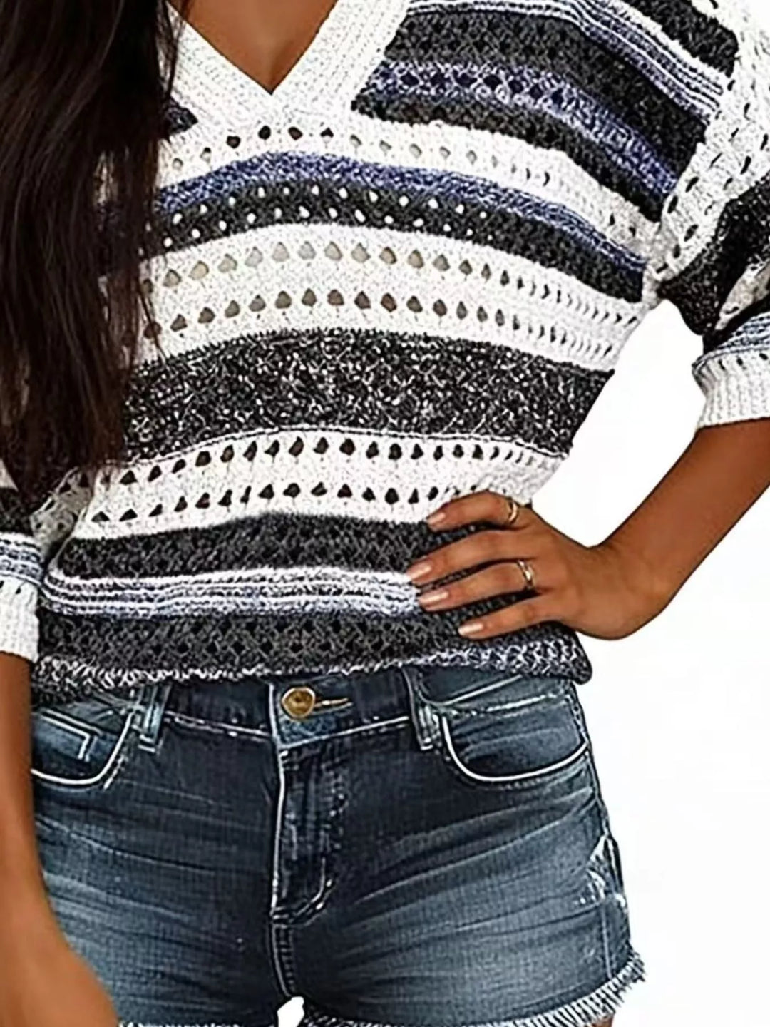 Striped openwork knit V-neck top with drop shoulders
