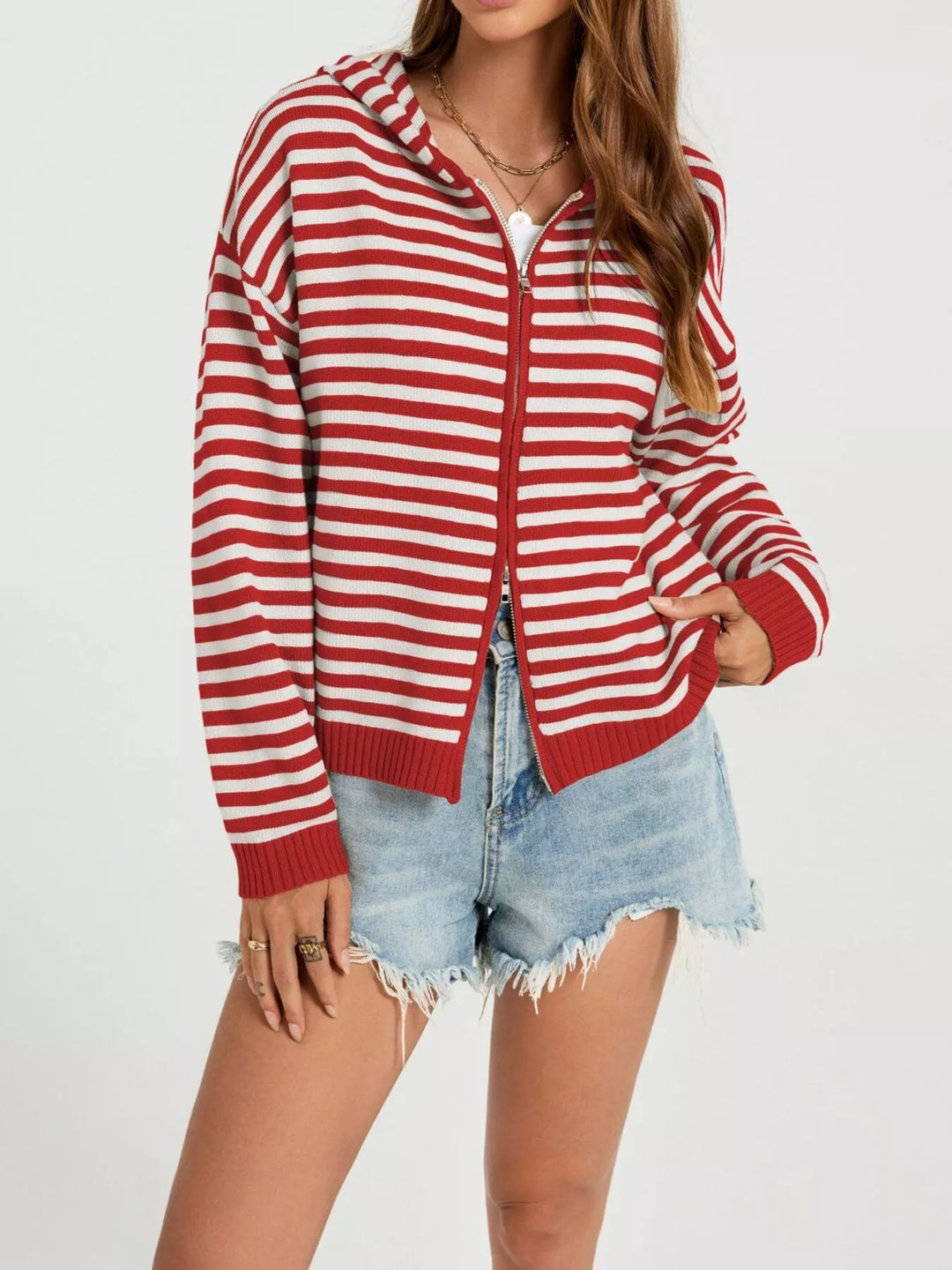 Red Striped hooded zip-up knit cardigan with ribbed trim