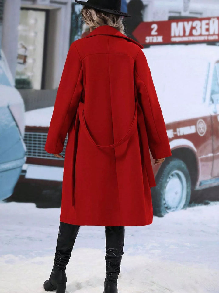 Double-breasted belted longline overcoat with lapel collar