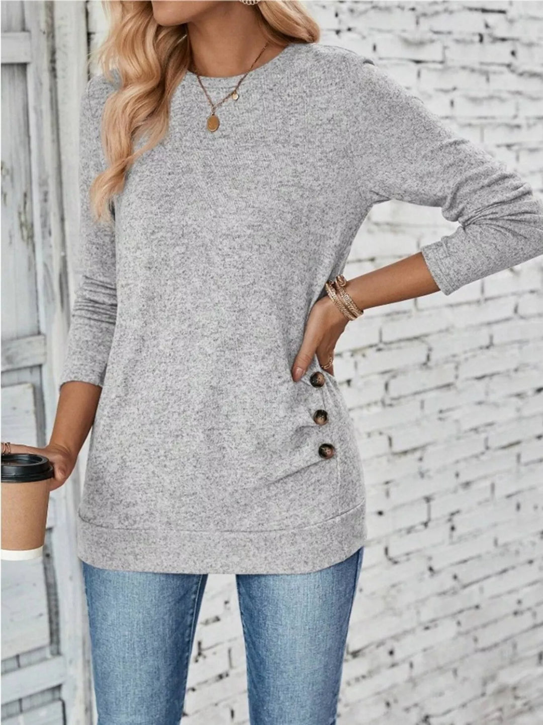 Decorative side-button long sleeve knit top