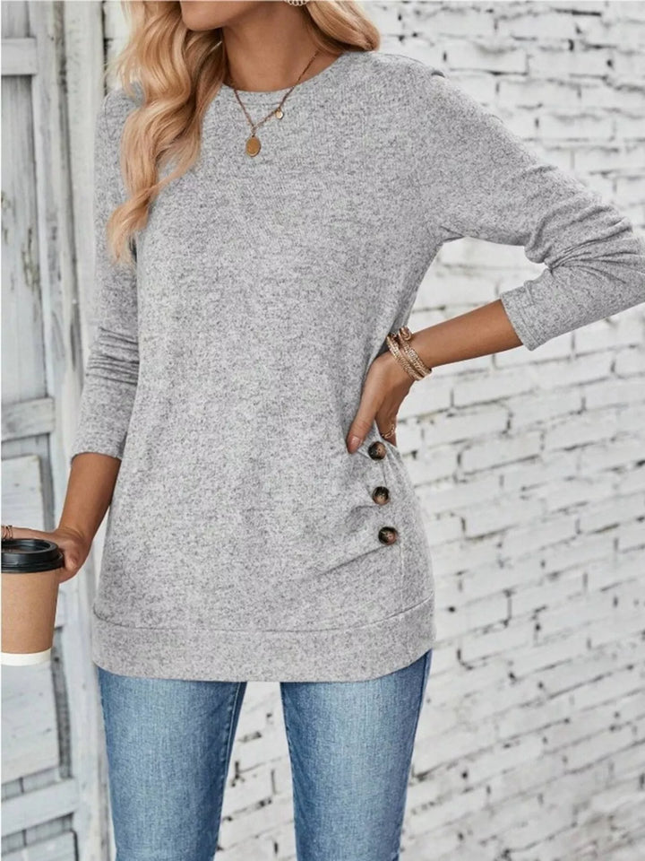 Decorative side-button long sleeve knit top