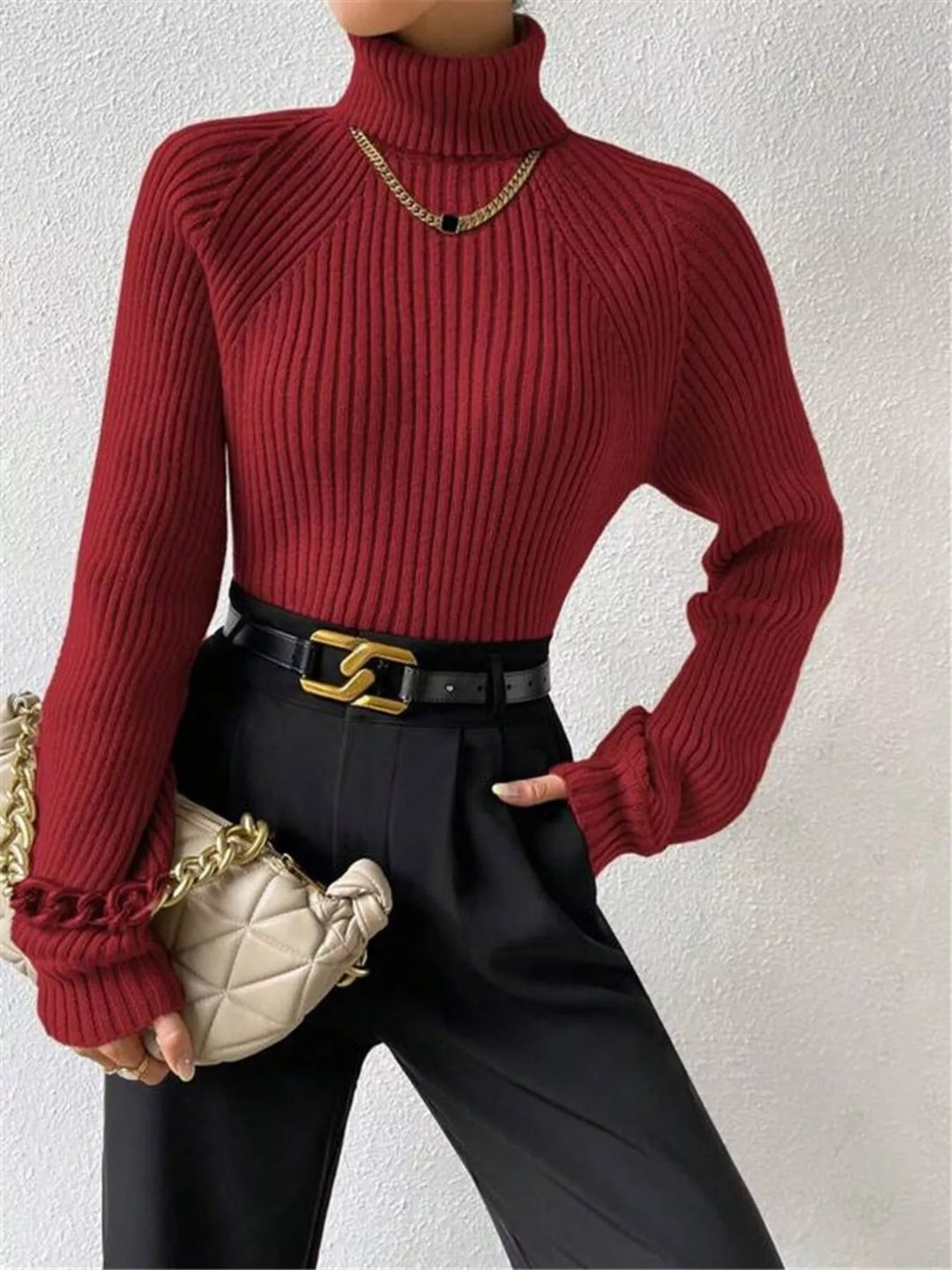 Burgundy Ribbed knit turtleneck sweater with fitted long sleeves