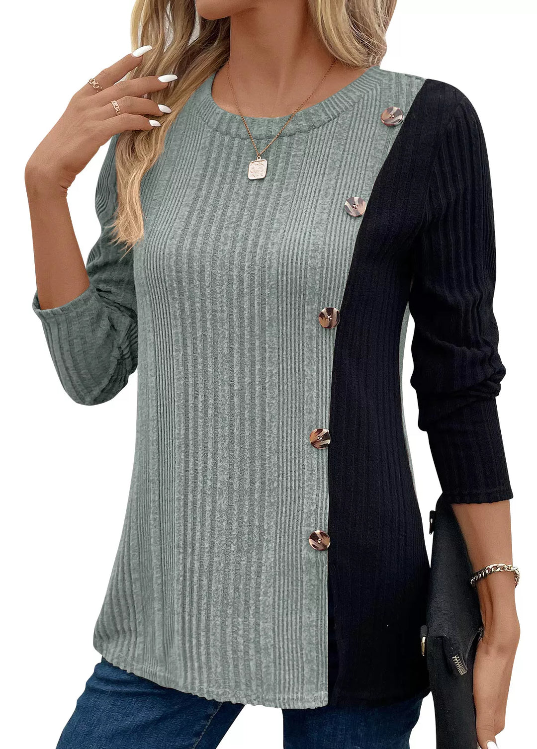 Sage Color block ribbed knit top with button trim