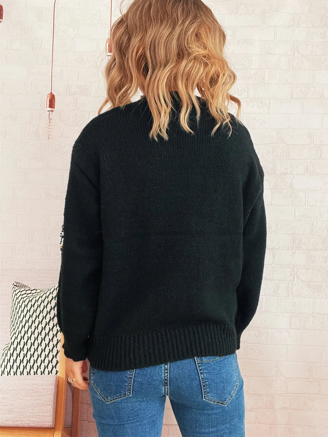 Sequined diamond pointelle knit oversized sweater