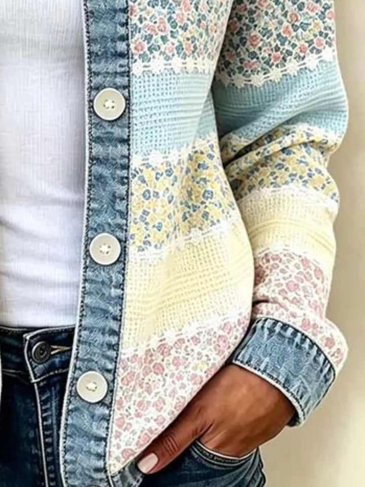 Floral patchwork jacket with denim trim and button front