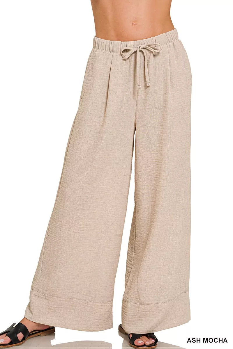 ASH MOCHA Wide-leg woven drawstring pants with side pockets