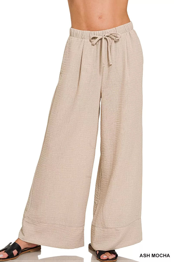 ASH MOCHA Wide-leg woven drawstring pants with side pockets