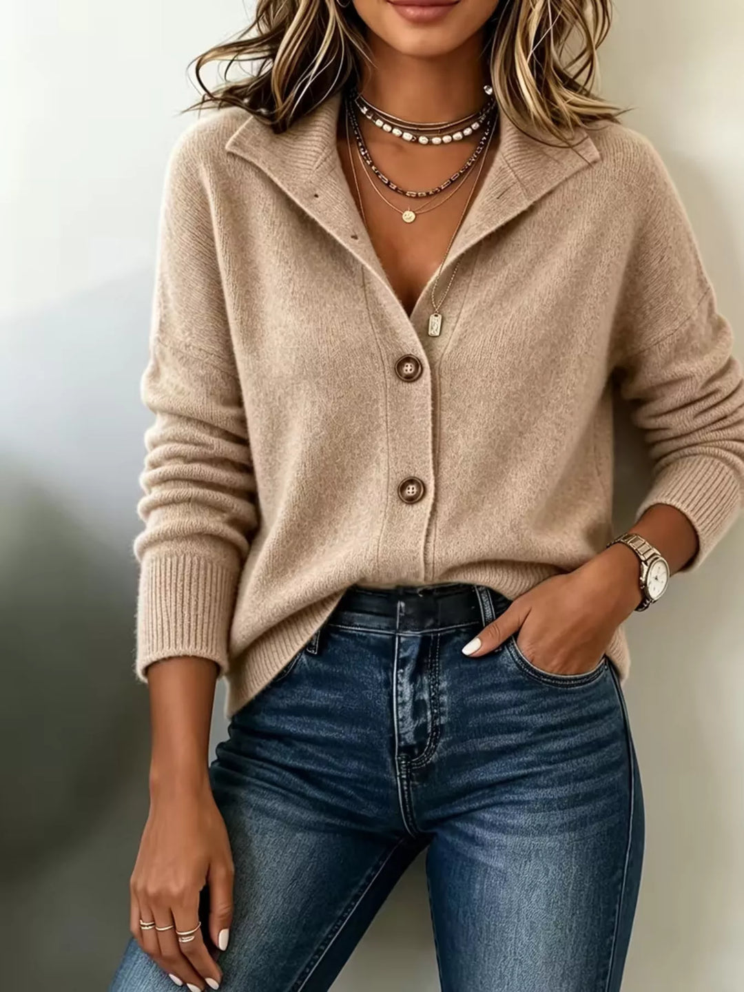 Khaki Collared button-front knit cardigan with ribbed cuffs