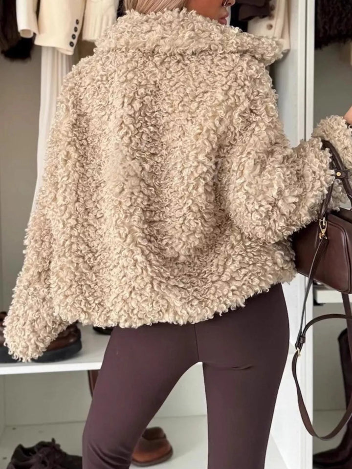 Cropped sherpa toggle-button jacket with spread collar
