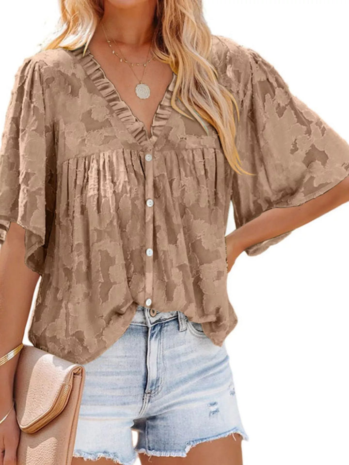 Brown Textured V-neck ruffle-trim button-down blouse