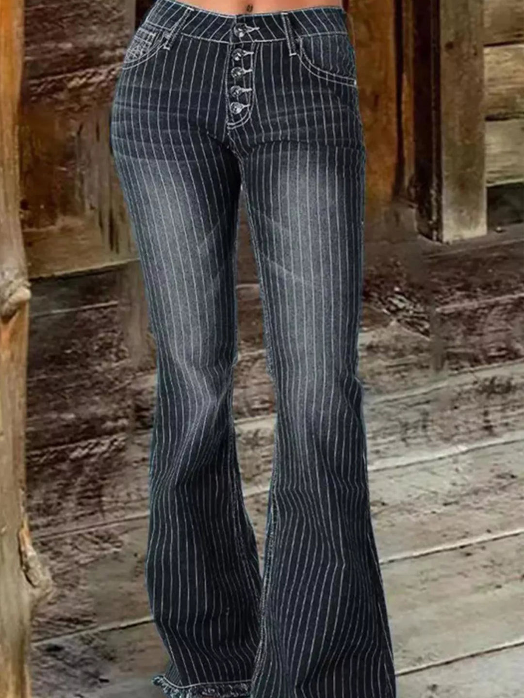 Black Pinstripe mid-rise button-fly flare jeans