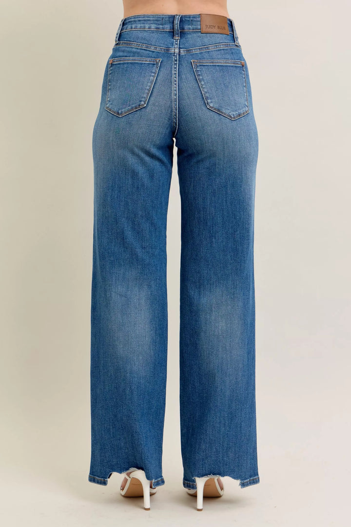 High-rise tummy control wide leg jeans with raw chewed hem