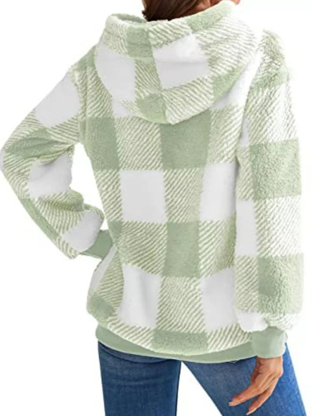 Plaid sherpa quarter-zip hoodie with front pocket