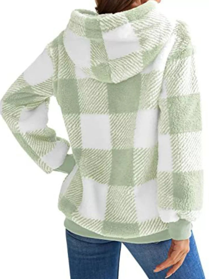 Plaid sherpa quarter-zip hoodie with front pocket