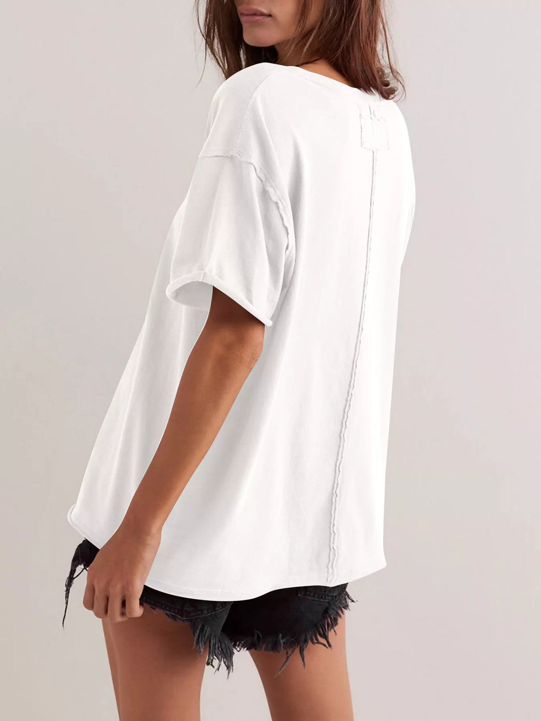 Drop-shoulder loose-fit crew neck tee with cuffed sleeves