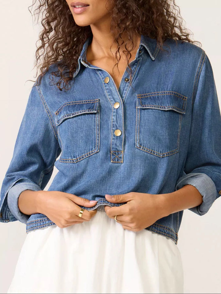 Blue Half-snap cropped denim shirt with patch pockets
