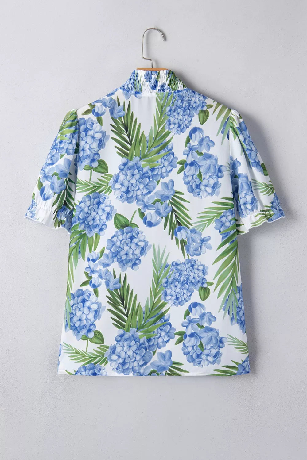 Tropical floral and stripe patchwork blouse with ruffle trim