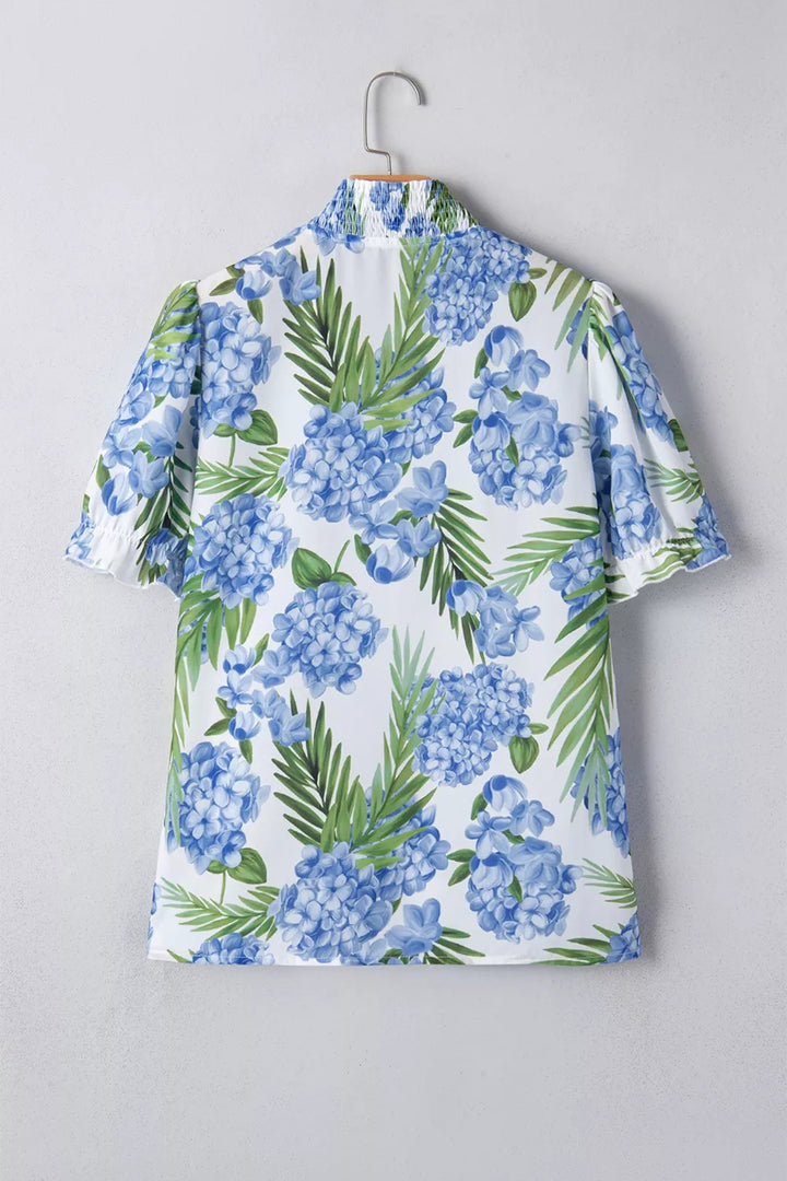 Tropical floral and stripe patchwork blouse with ruffle trim