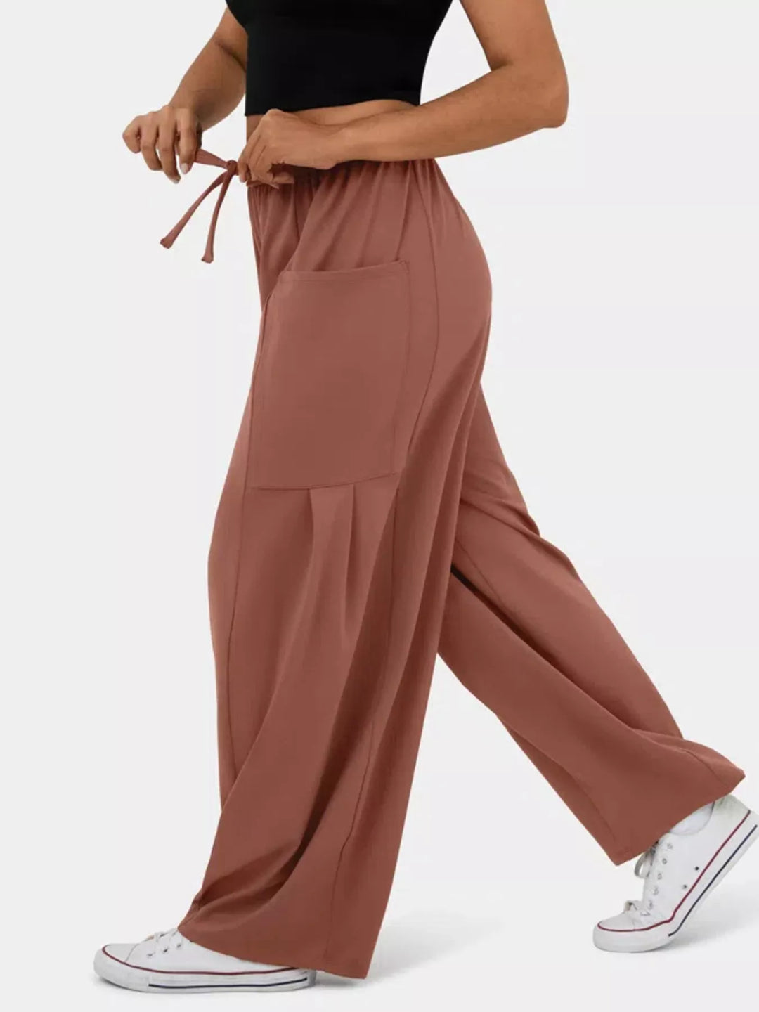High-rise drawstring wide-leg pants with patch pockets