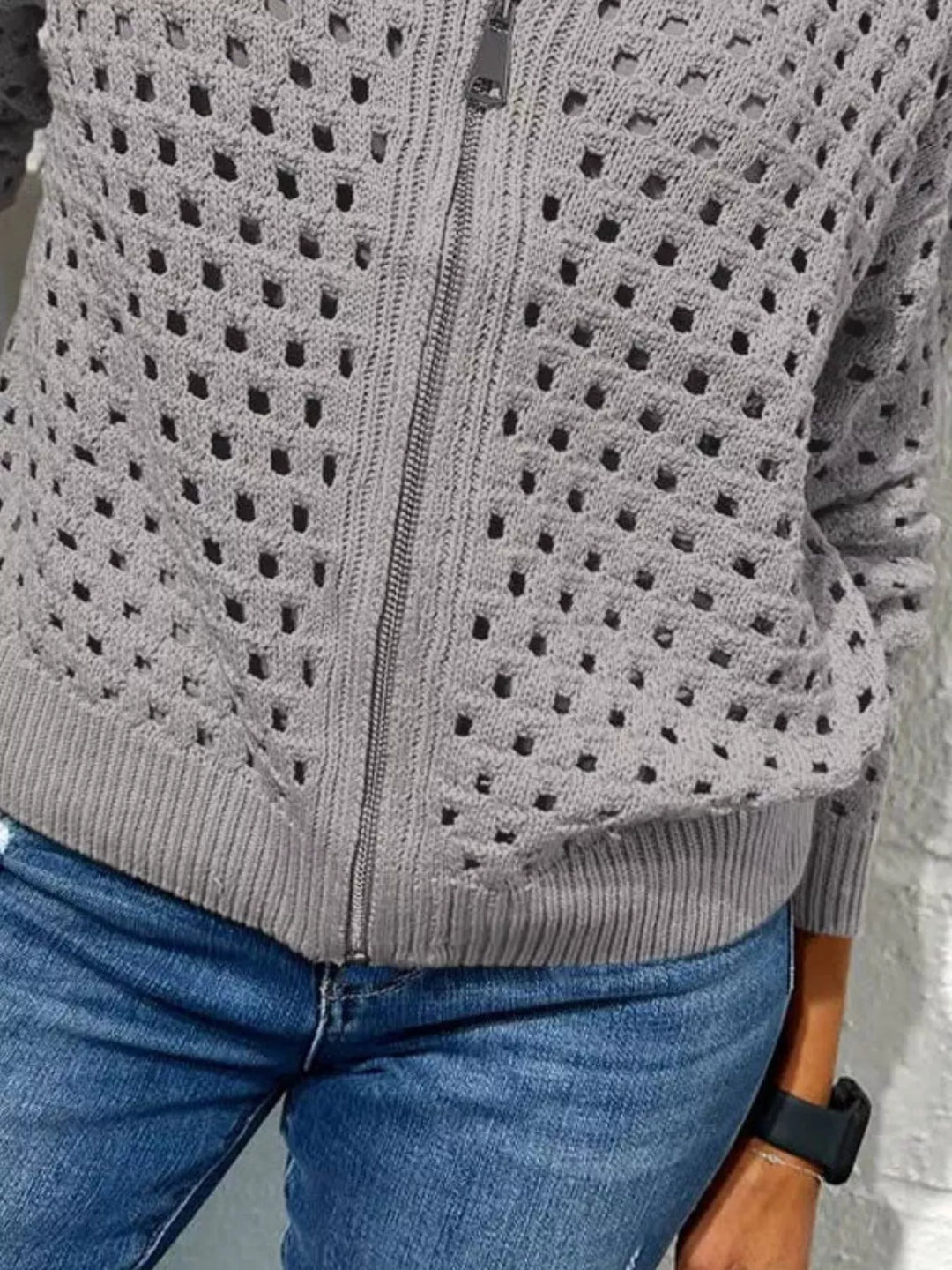 Open-knit zip-up bomber cardigan with ribbed trim