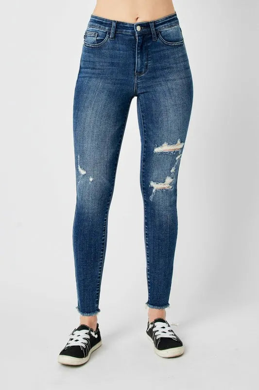 Judy Blue high-rise distressed skinny jeans with frayed hem
