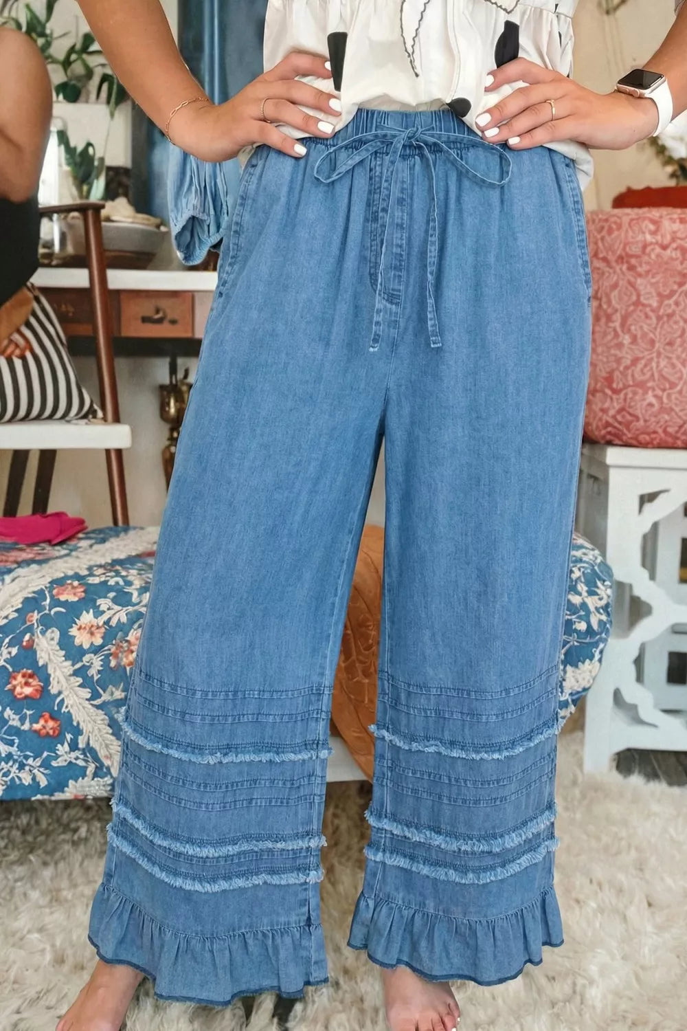 Dusty Blue Wide-leg chambray pants with drawstring waist and ruffle hem