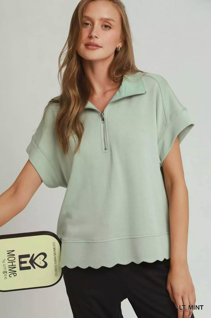 LT. MINT Scalloped hem half-zip short-sleeve pullover