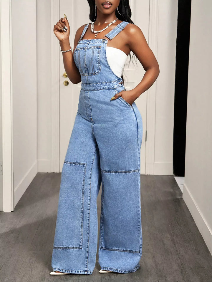 Wide leg denim overalls with bib pocket and side buttons