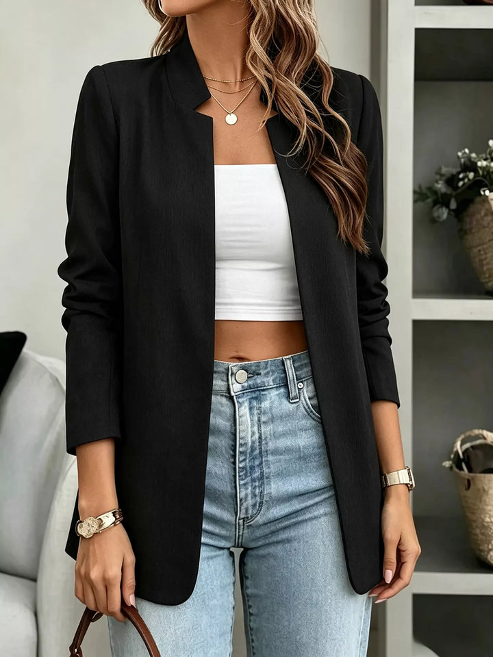Open-front collarless longline blazer with long sleeves