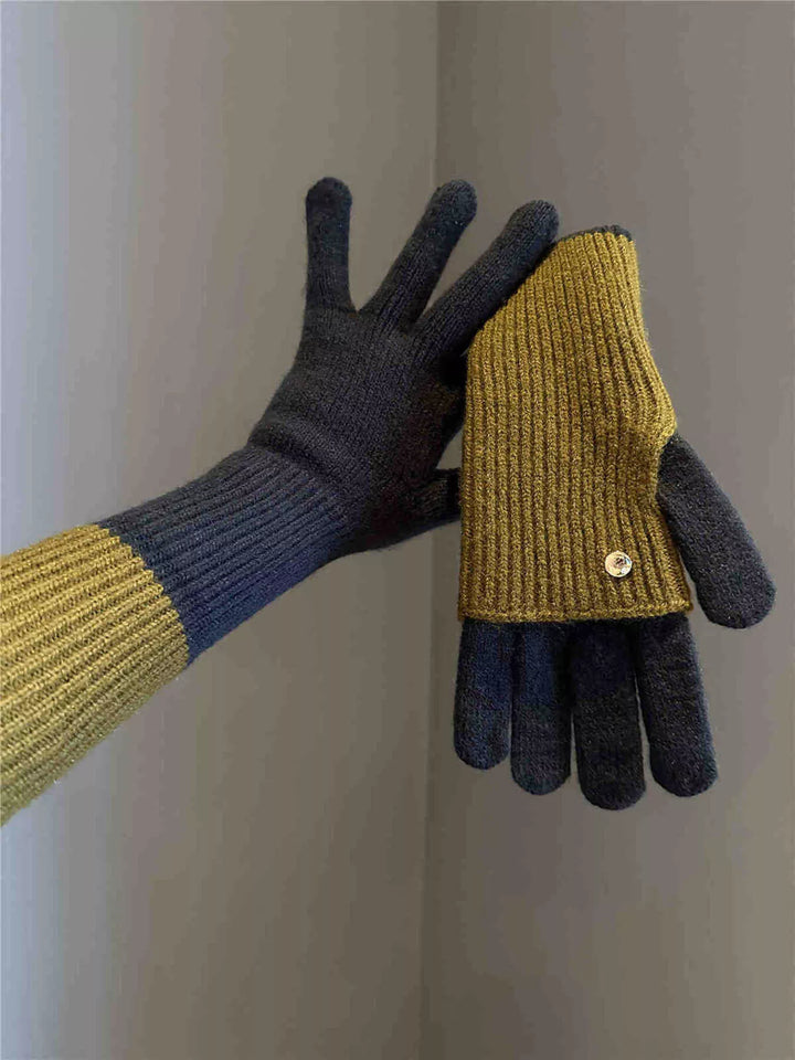 Dark Gray Yellow Two-tone ribbed knit convertible flip-top gloves
