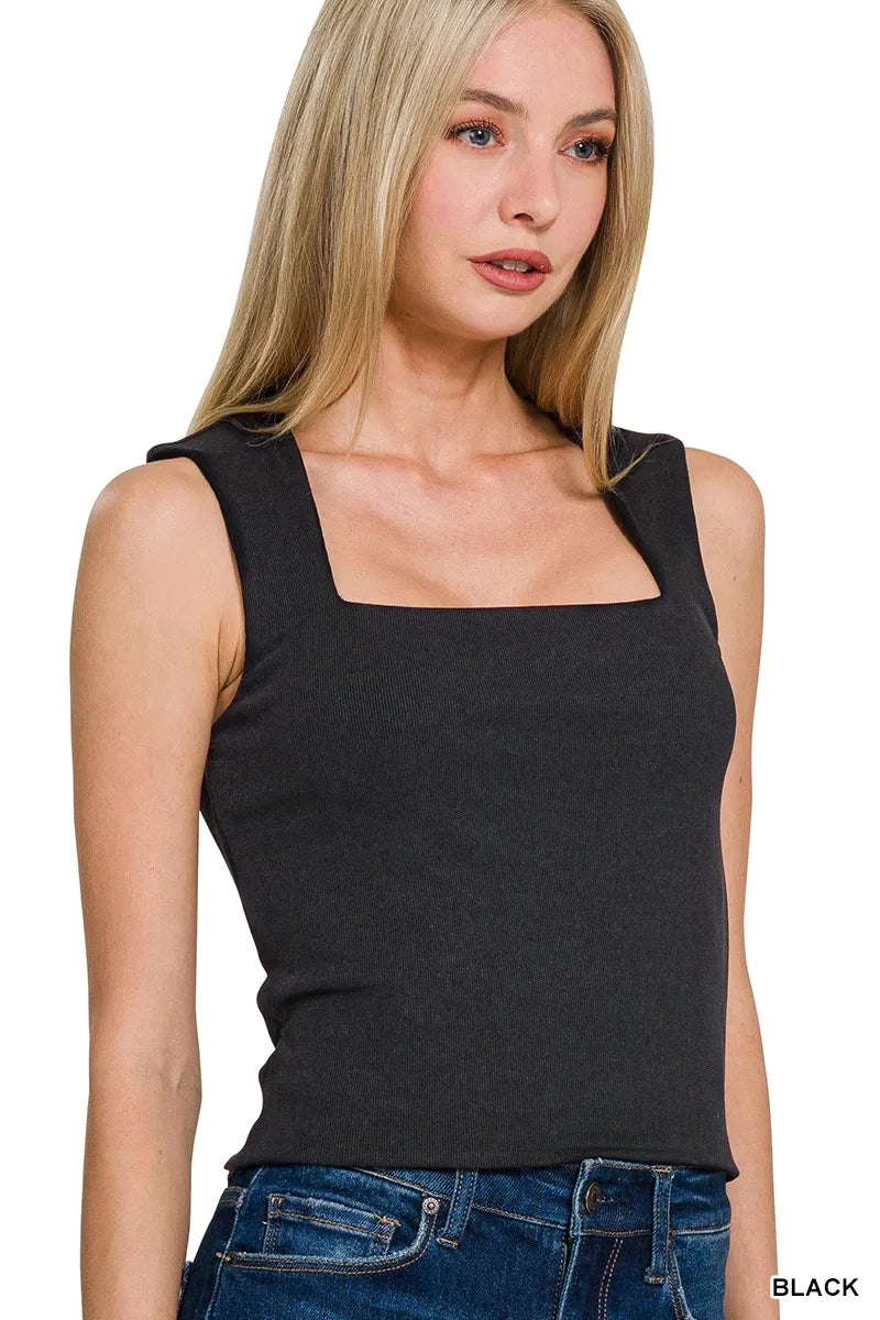 BLACK Ribbed seamless double-layer square neck tank