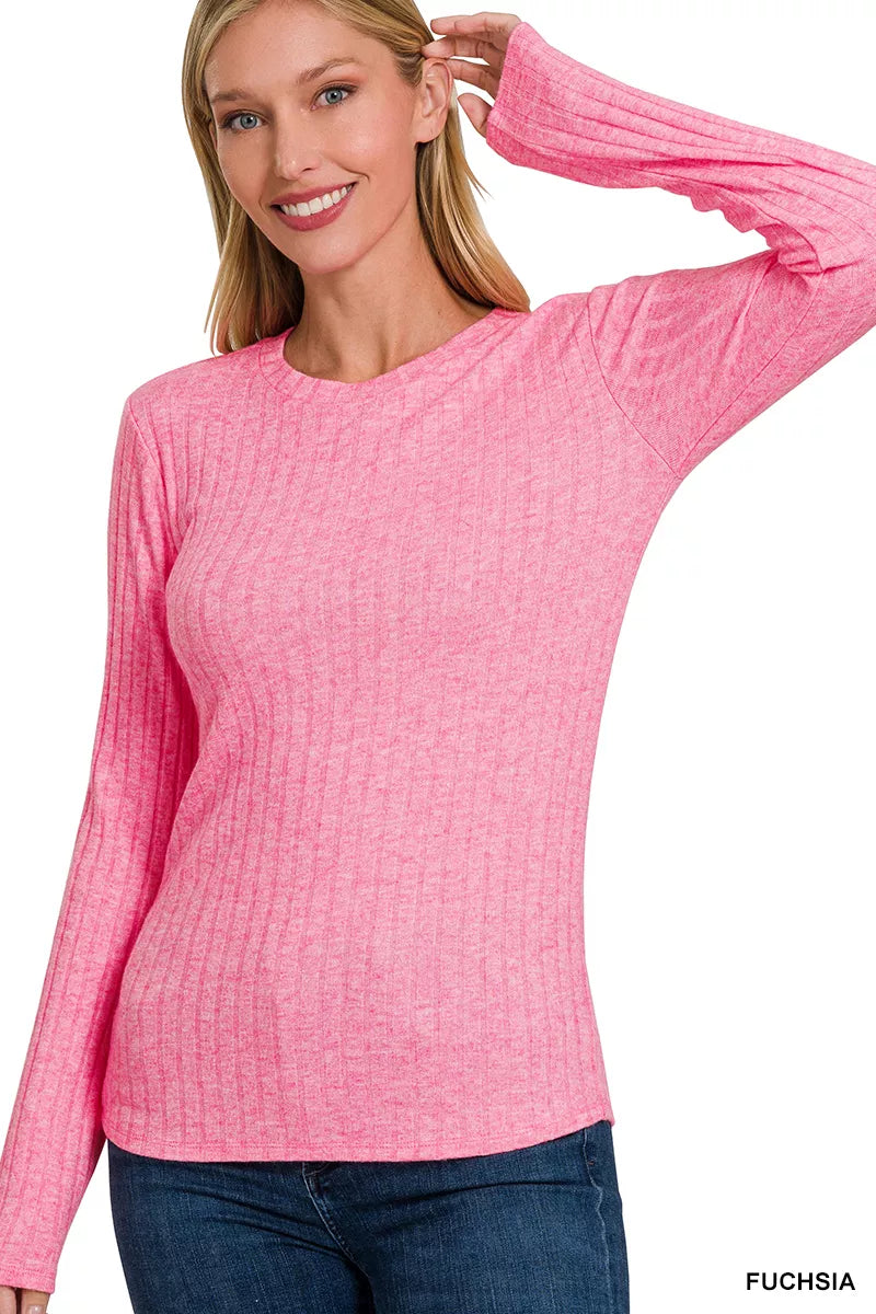 FUCHSIA Ribbed knit long sleeve crew neck fitted top