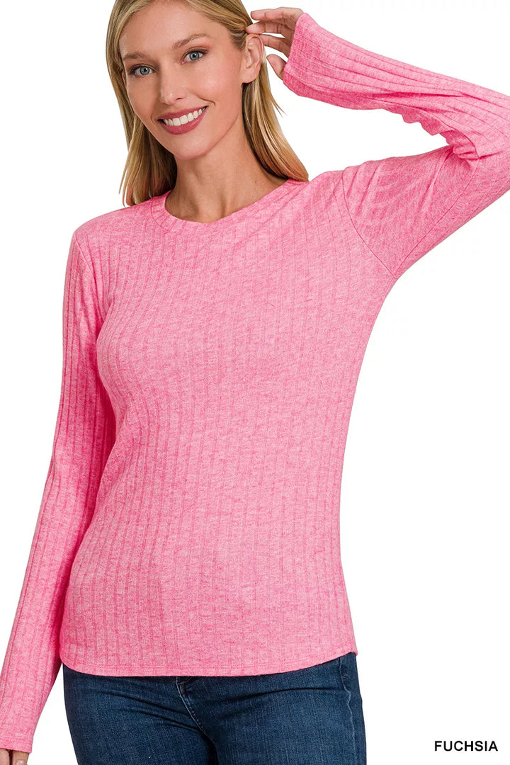 FUCHSIA Ribbed knit long sleeve crew neck fitted top