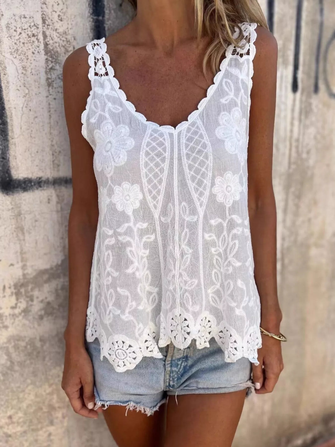Floral embroidered lace tank top with crochet trim
