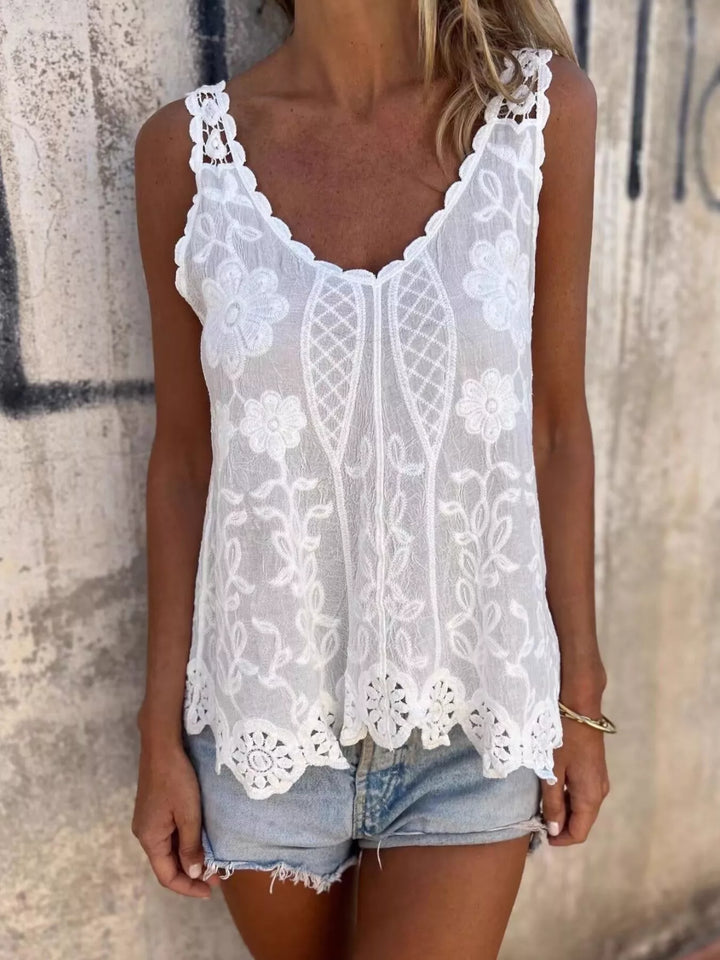 Floral embroidered lace tank top with crochet trim
