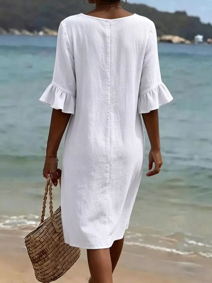 Flounce sleeve button-front pleated midi dress