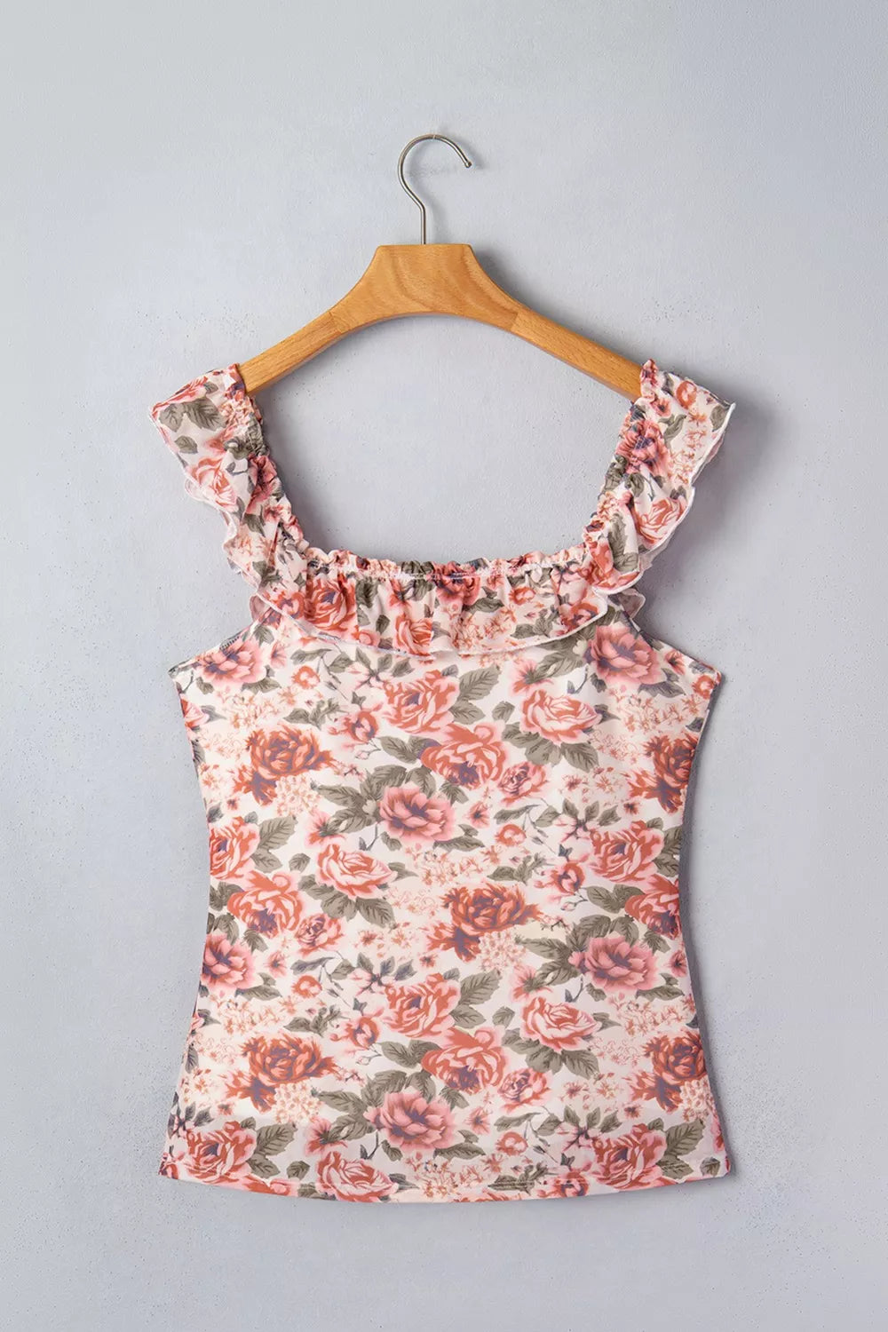 Floral ruffle-trim square-neck fitted tank top